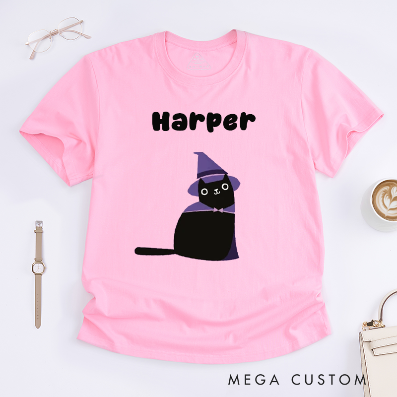 Personalized Black Cat Witch Hat T-Shirts Custom Name Gift Cute Magic Cat Tee for Women Present Unique Cat Lover Top