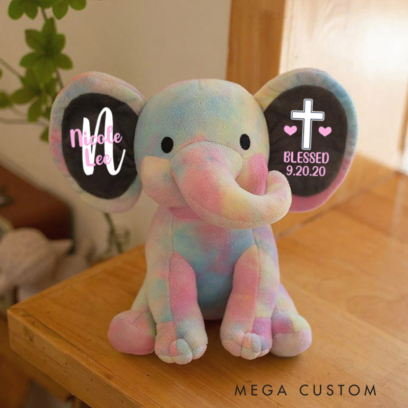 Personalized Blessed Stuffed Elephant Plush Toys with Name and Date Religious Gift Birthday Gift for Kids