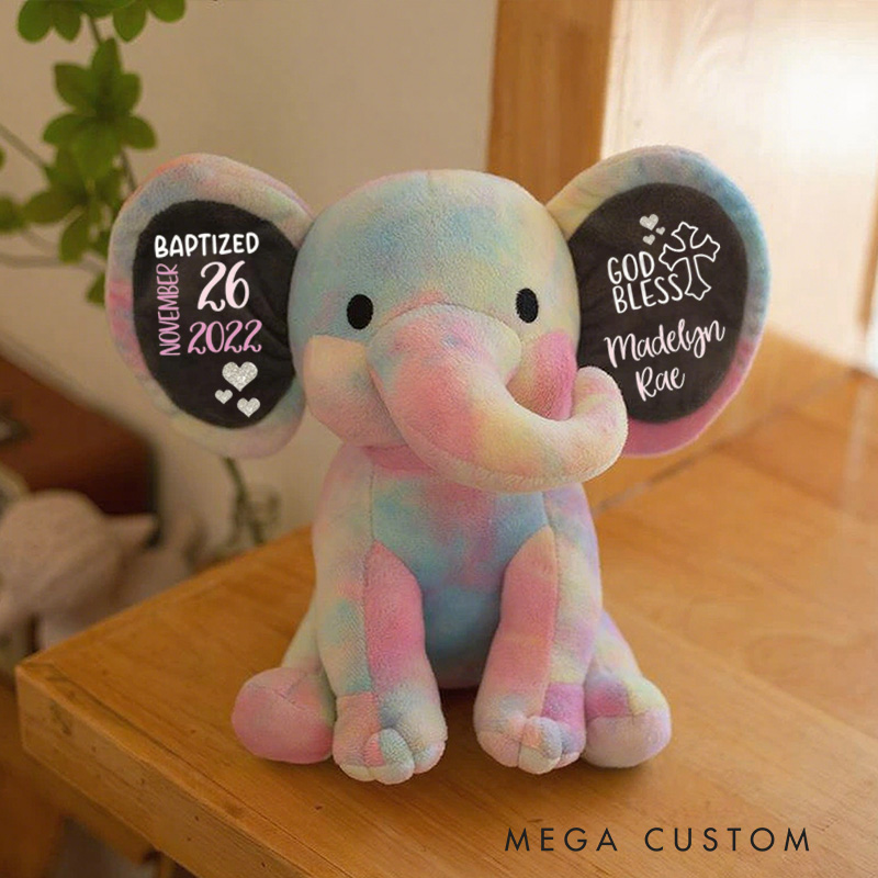 Personalized God Bless Stuffed Elephant Plush Toys with Name and Text Religious Gift Baptism Gift 