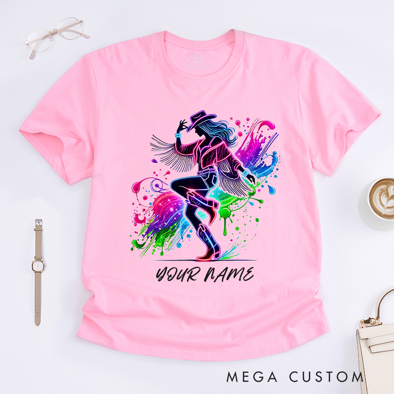 Personalized Neon Country Cowgirl Dance T-Shirts Custom Name Western Fringe Boots Gift Colorful Splash Art Unique Outfit for Women Friends