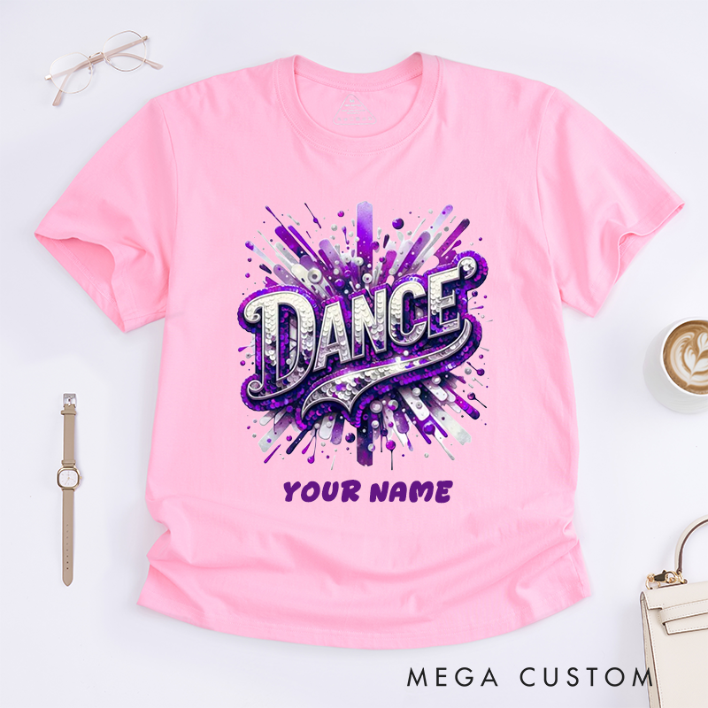Personalized Dance T-Shirts Design Sequin Glitter Blue Sparkle Custom Name Gift for Women Unique Fashionable Dance Top for Girls Present Dancewear