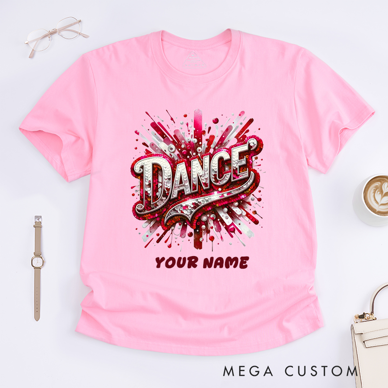 Personalized Dance T-Shirts Design Sequin Glitter Blue Sparkle Custom Name Gift for Women Unique Fashionable Dance Top for Girls Present Dancewear