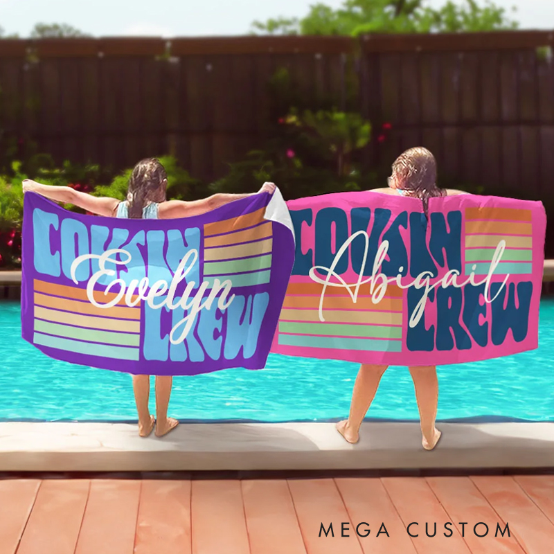 Personalized Cousin Crew Beach Towel with Name Vacation Gift for Traveling Lovers Multicolor Stripe Design Beach Towel for Kids