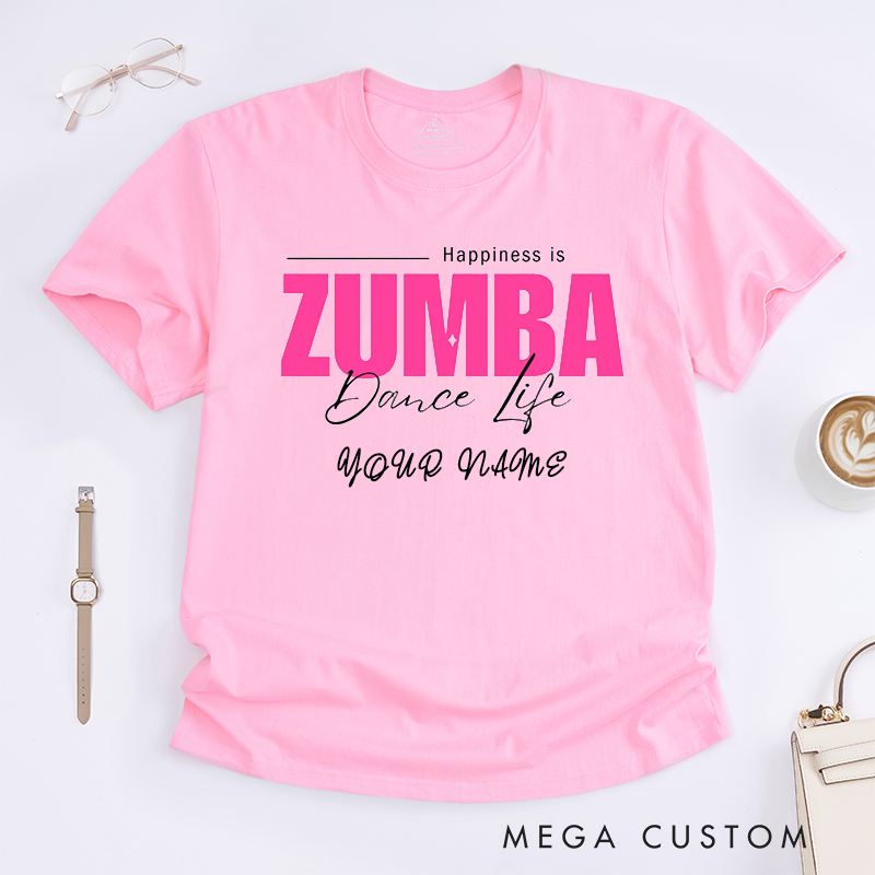 Personalized Zumba Dance Life T-Shirts Women Custom Name Fitness Workout Happiness Gift for Zumba Lovers Active Present for Her