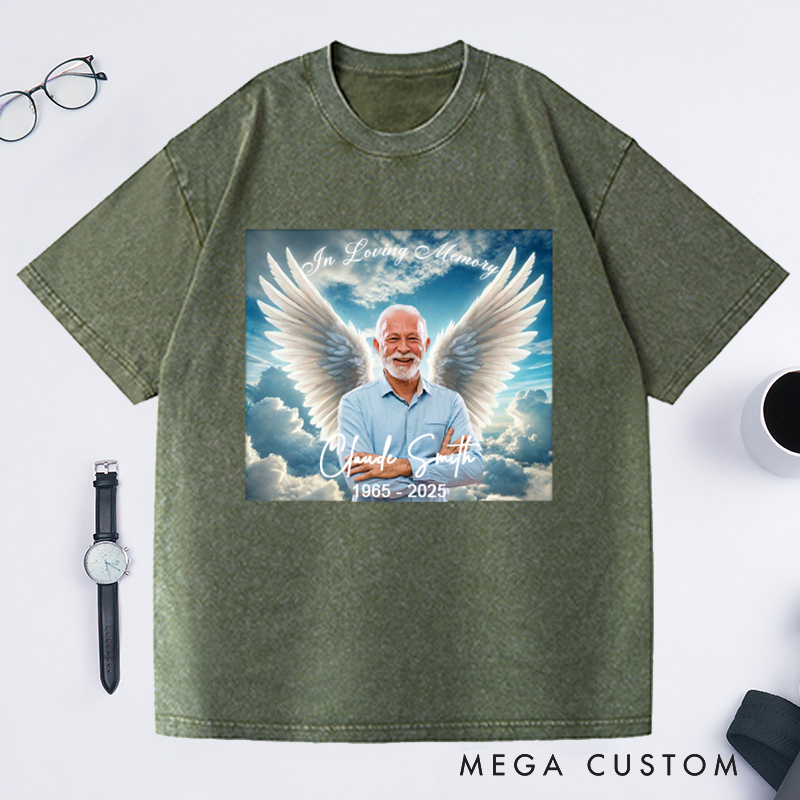 Personalized Memorial Washed T-Shirt Memorial Gift for Loss of Loved One In Loving Memory Gift Angel Wings Photo T-Shirt 