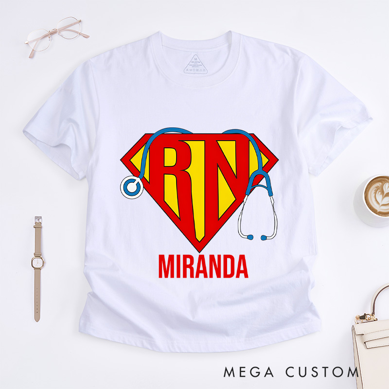 Personalized Nurse T-Shirts Super RN Hero Shield Fashion Design T-Shirts