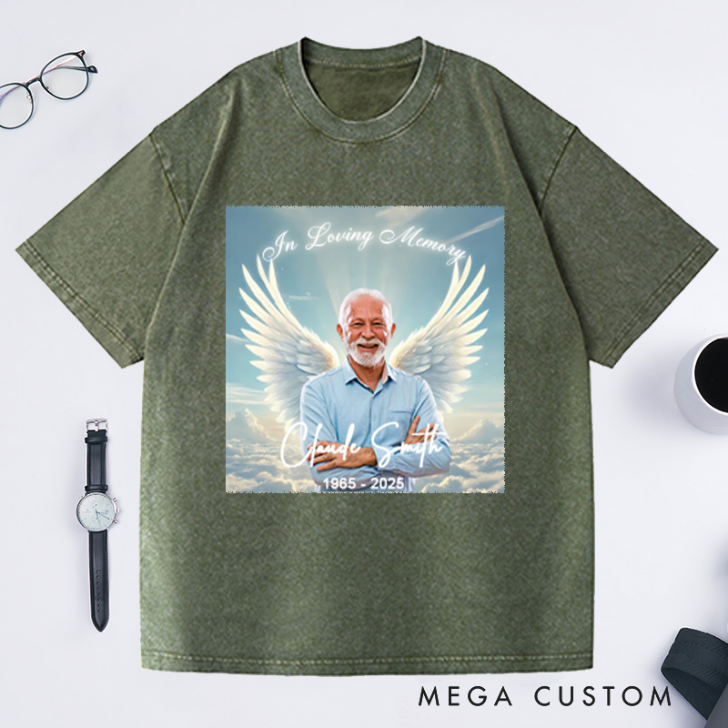 Personalized Memorial Photo Washed T-Shirt Memorial Gift for Loss of Grandfather Father and Loved One In Loving Memory Gift Angel Wings T-Shirt 