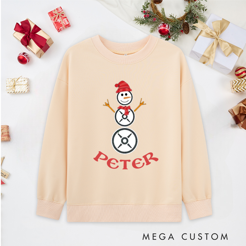 Personalized Christmas Classic Sweatshirts with Weight Plate Snowman for Fitness Enthusiasts Bodybuilders and Gym Lovers