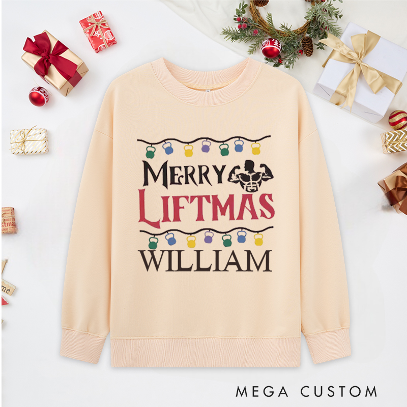 Personalized Christmas Classic Sweatshirts with Merry Liftmas Kettlebell Lights and Muscle for Fitness Enthusiasts Bodybuilders and Gym Lovers
