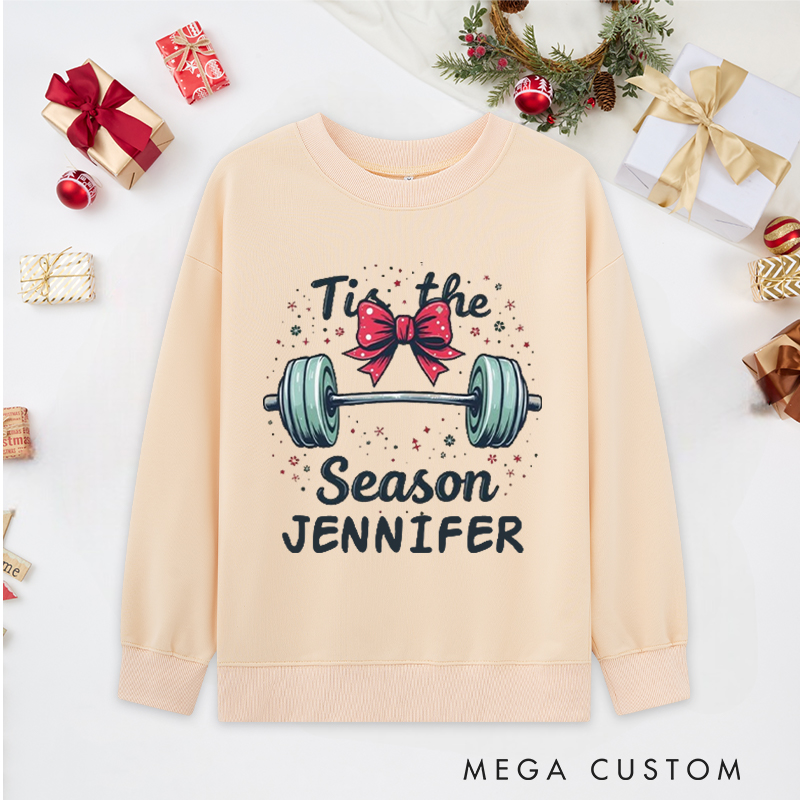 Personalized Christmas Classic Ugly Sweatshirts with Tis the Season Barbell and Bow for Fitness Enthusiasts Bodybuilders and Gym Lovers