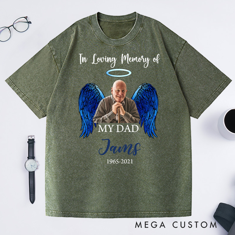 Personalized Memorial Photo Washed T-Shirt Memorial Gift for Loss of Grandfather In Loving Memory Gift Angel Wings T-Shirt 