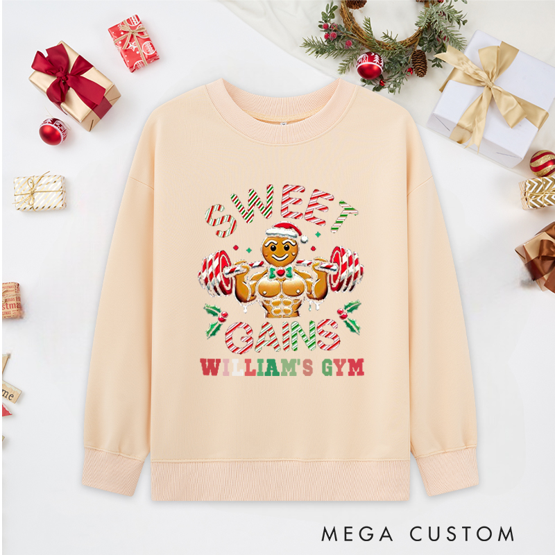 Personalized Christmas Classic Ugly Sweatshirts with Sweet Gains Gingerbread Man for Fitness Enthusiasts Bodybuilders and Gym Lovers