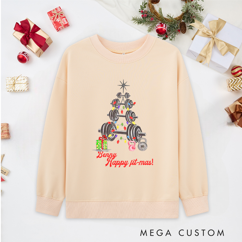 Personalized Christmas Classic Ugly Sweatshirts with Happy Fit Mas Barbell and Kettlebell Christmas Tree for Fitness Enthusiasts Bodybuilders and Gym Lovers