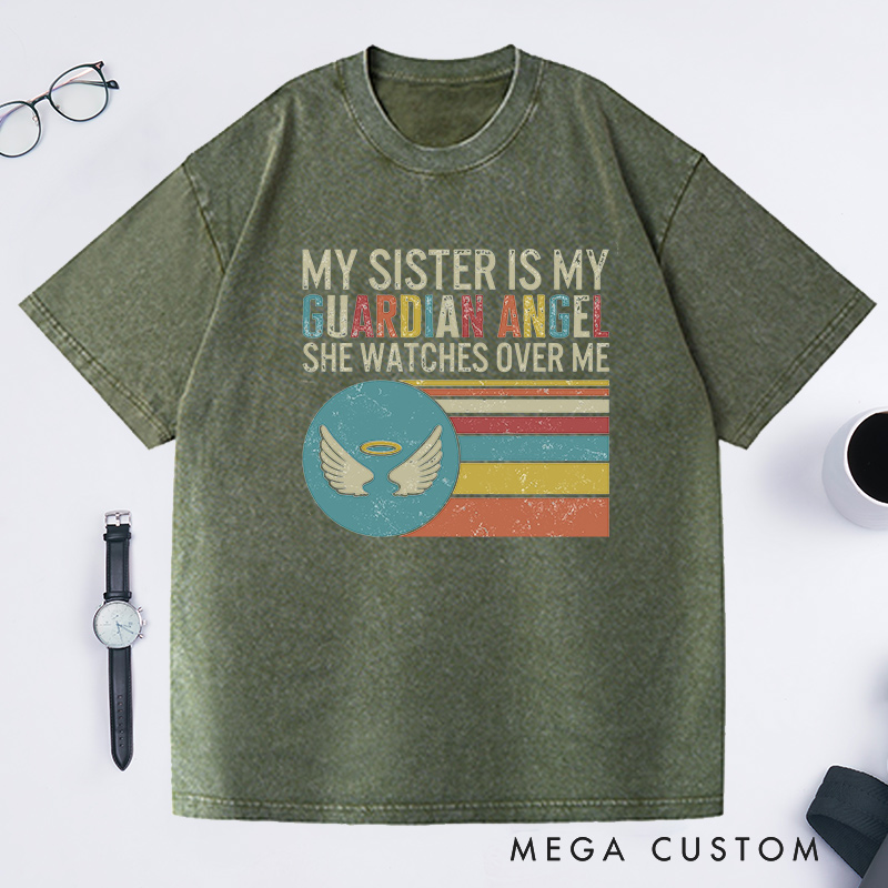 Personalized Sister Memorial Washed T-Shirt Retro Stripes Guardian Angel Watches Over Sympathy Gift Loss of Sister