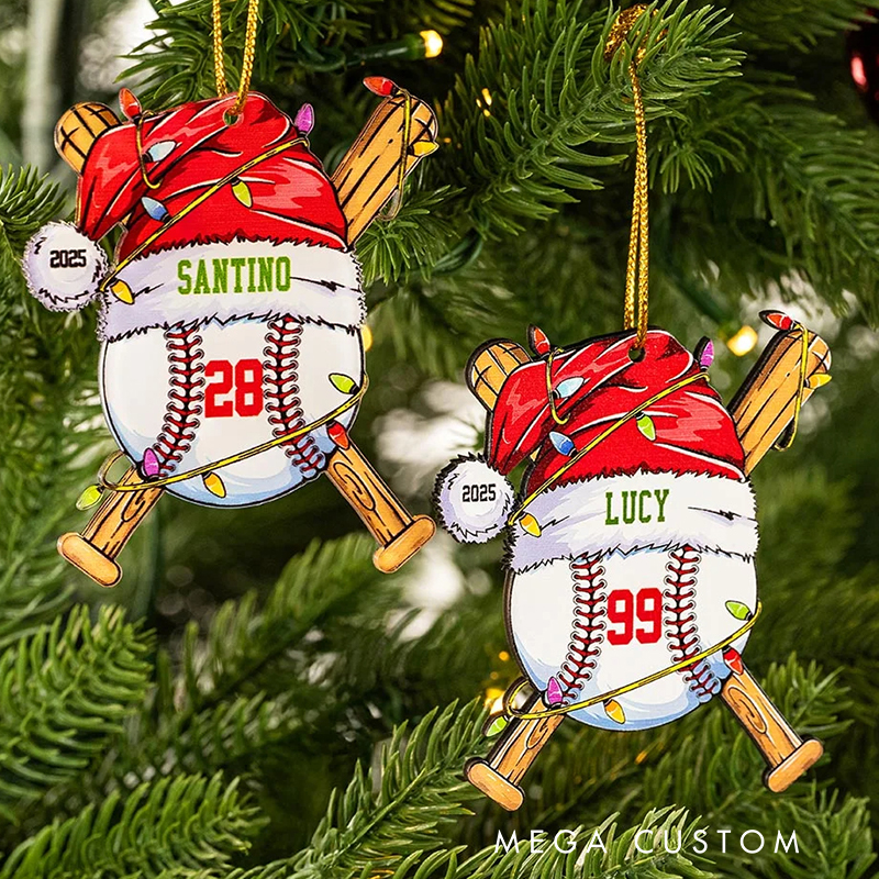 Personalized Acrylic Santa Hat Baseball Christmas Ornament with Name Number and Year 