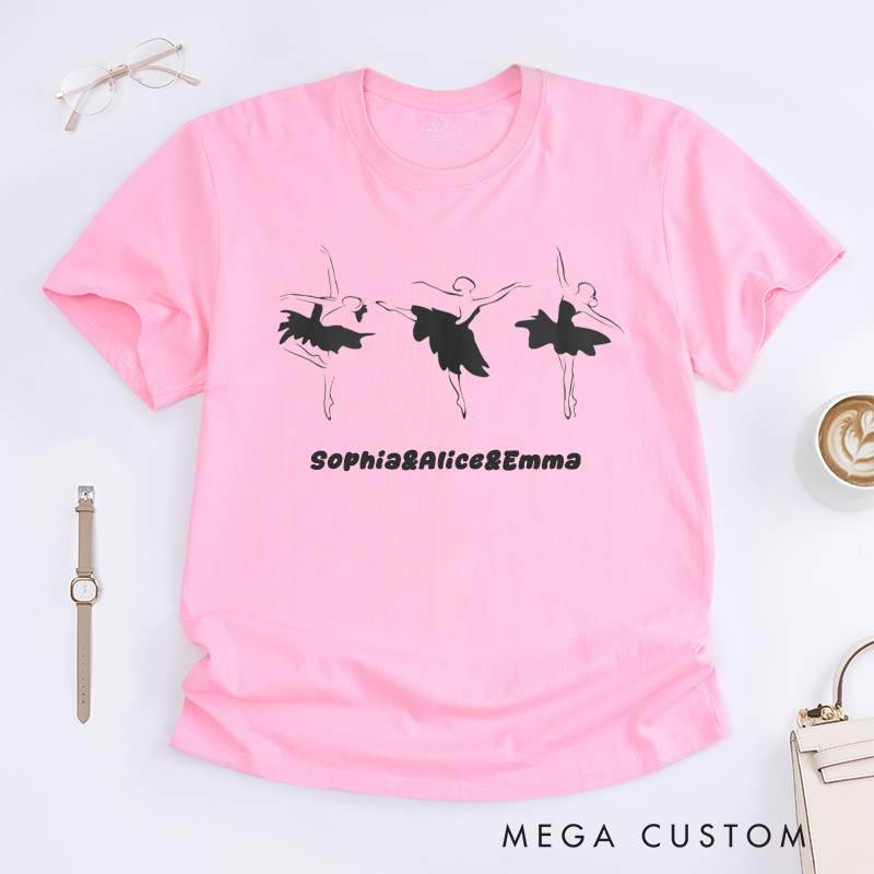 Personalized Ballet Dancer T-Shirts Women Custom Name Black Silhouette Ballet Skirt Elegant Dance Gift for Ballerina Present Dance Lover