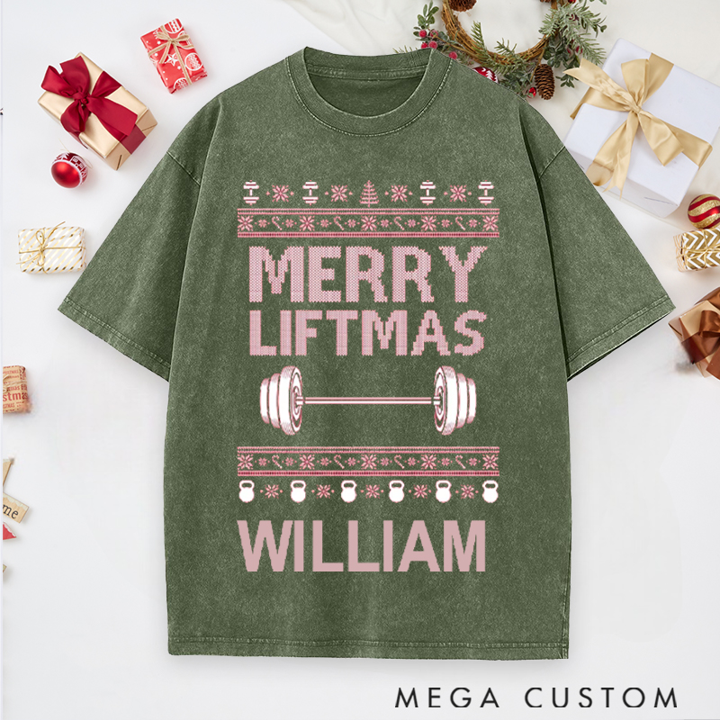 Personalized Gym Washed T-Shirts with Merry Liftmas Barbell and Kettlebell for Fitness Enthusiasts Bodybuilders and Gym Lovers