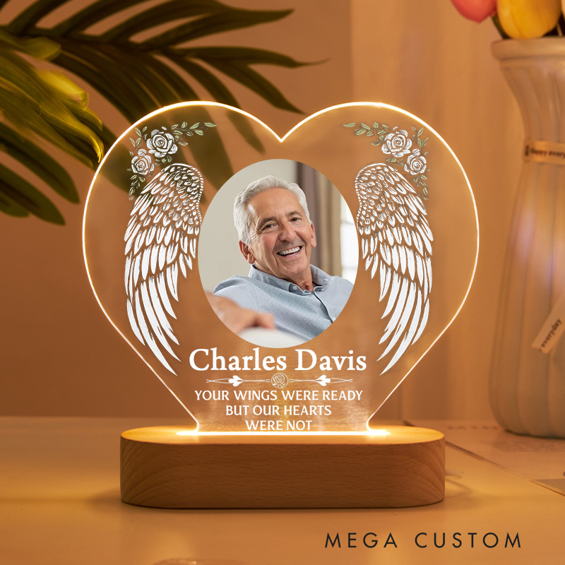 Personalized Heart Shaped LED Memorial Light Angel Wings Rose Custom Photo Name Sympathy Keepsake