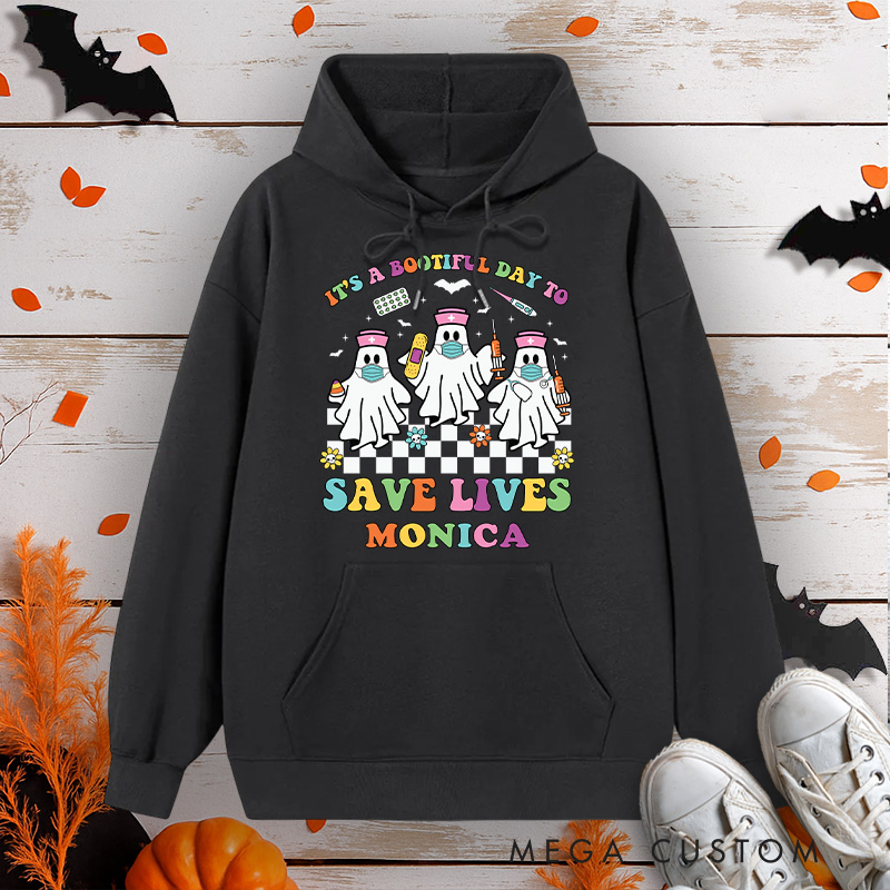 Personalized Hoodies for Nurse Customized It's a Boo-tiful Day to Save Lives Design Hoodies Halloween Nurse Hoodie