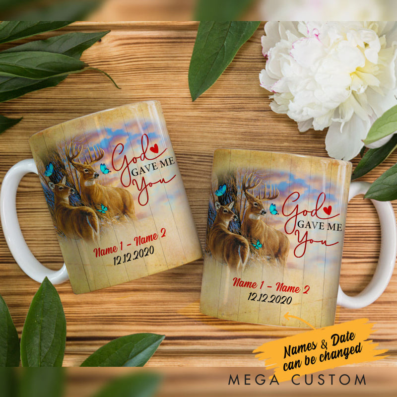 Personalized Deer Couple God Gave Me You Ceramic Mug with Names and Date Christian Coffee Mug Religious Gift Christian Gift for Couple