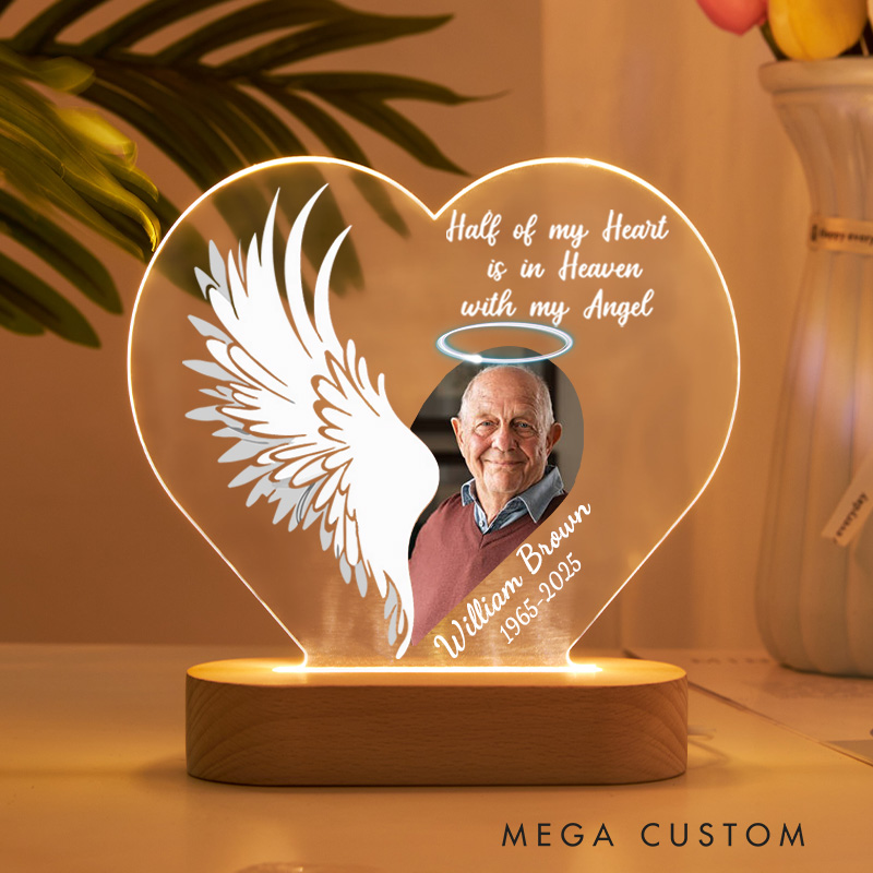 Personalized Heart Shaped LED Memorial Light Custom Photo Name Year Angel Wing Halo Half Of My Heart Keepsake