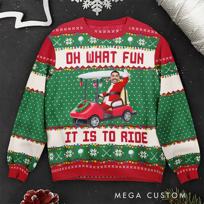 Personalized Christmas Ugly Sweater with Custom Face and Golf Cart Design 