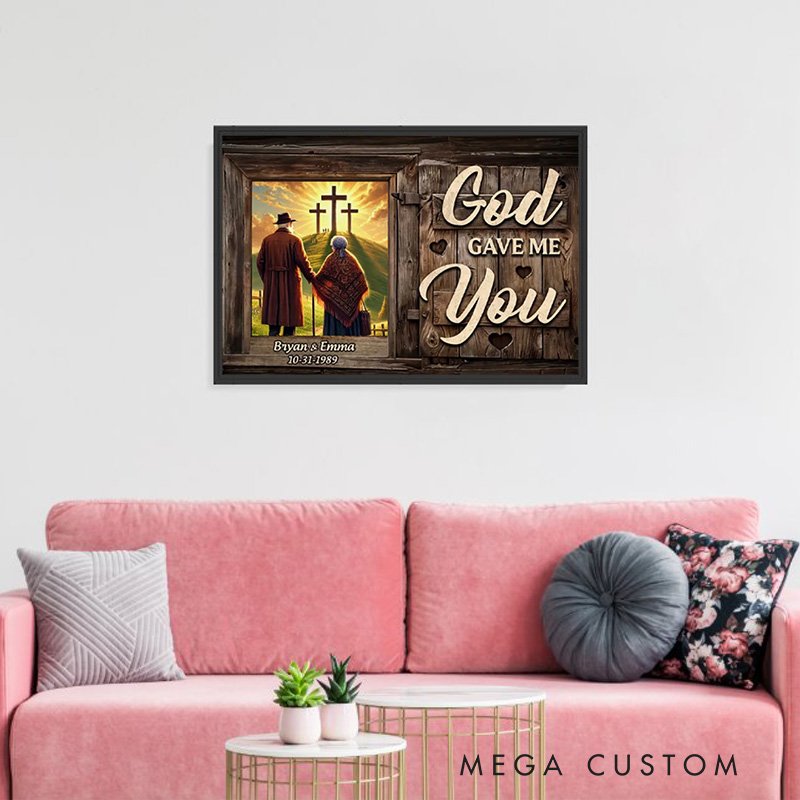 Personalized Cross God Knew My Heart Needed You Old Couple Walking Framed Canvas Painting with Name and Date Wall Decor Anniversary Gift For Couple