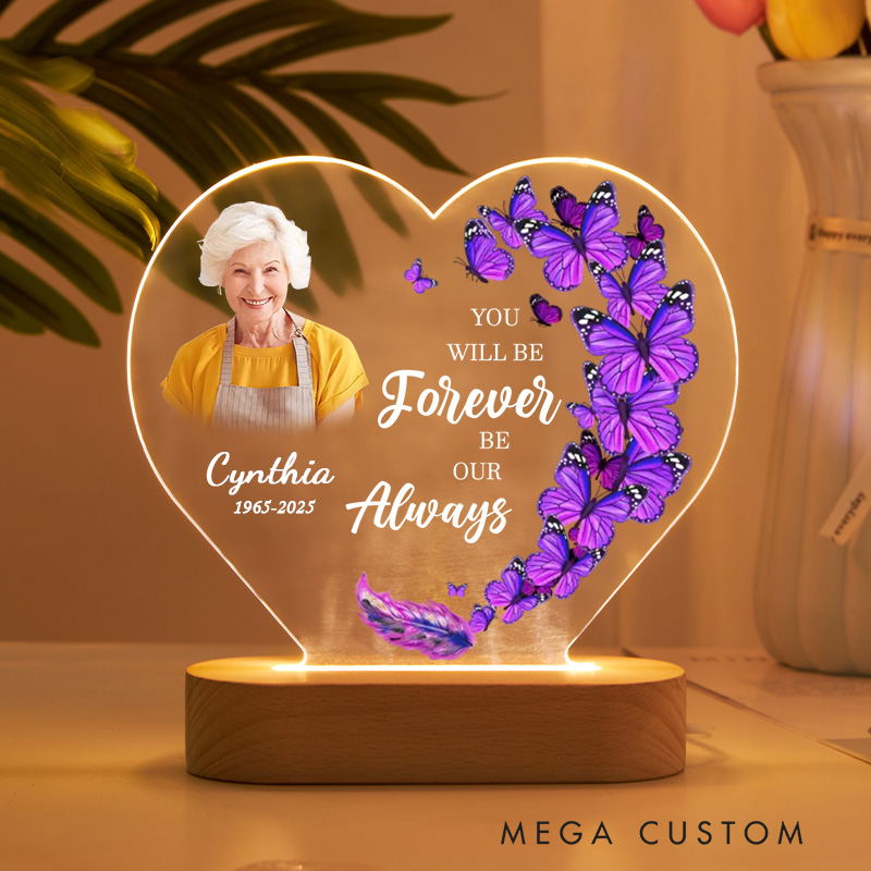 Personalized Heart Shaped LED Memorial Light Custom Photo Name Year Purple Butterflies Feather Memorial Keepsake