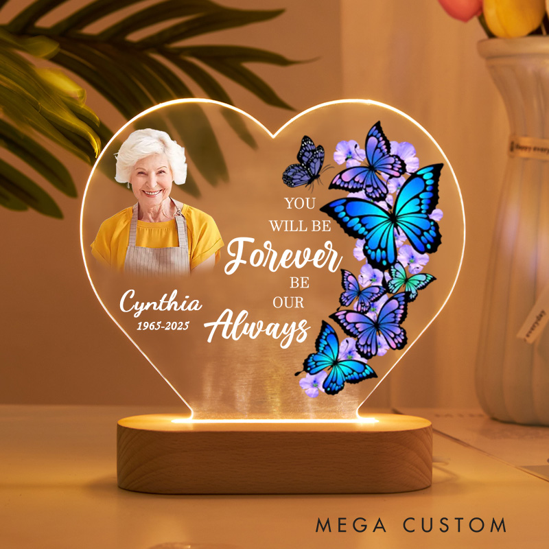 Personalized Heart Shaped LED Memorial Light Custom Photo Name Year Colorful Butterflies You Will Be Forever Our Always Keepsake