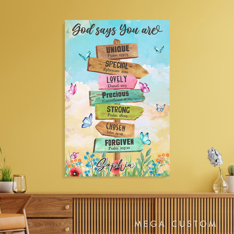 Personalized God Says You Are Location Sign Frameless Canvas Painting with Name Wall Decor Religious Gift Christian Gift