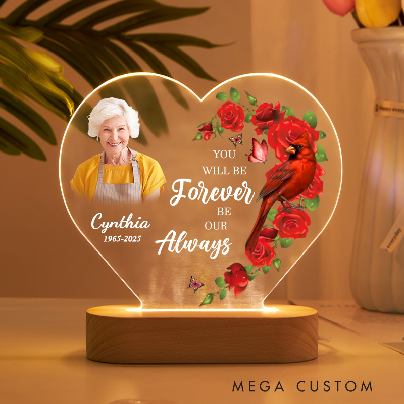 Personalized Heart Shaped LED Memorial Light Custom Photo Name Year Cardinal Roses You Will Be Forever Our Always Keepsake