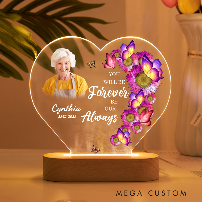 Personalized Heart Shaped LED Memorial Light Floral Butterflies Design Custom Photo Name Year Keepsake