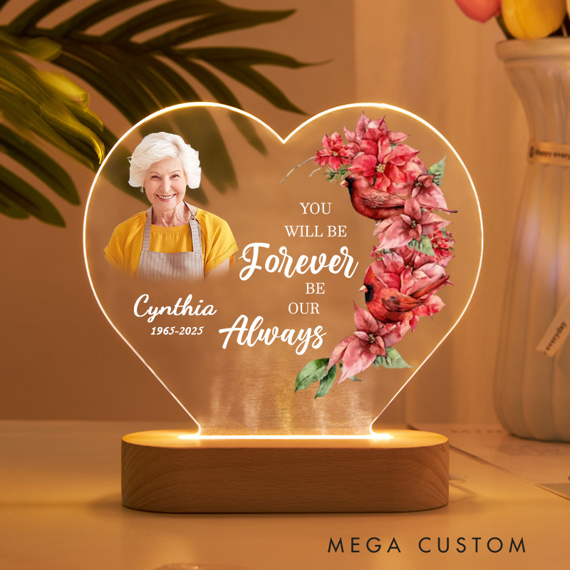 Personalized Heart Shaped LED Memorial Light Custom Photo Name Year Cardinal Poinsettia You Will Be Forever Our Always Keepsake