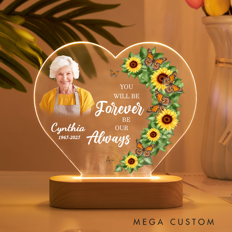Personalized Heart Shaped LED Memorial Light Sunflowers Butterflies Design Custom Photo Name Year Keepsake