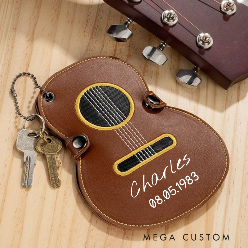 Personalized Guitar Pick Holder Custom Name & Initial PU Leather Case Keychain Gift for Guitar Players