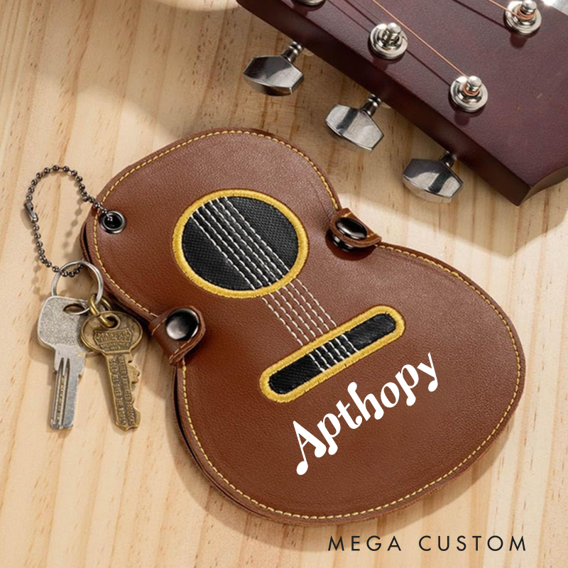 Personalized Guitar Pick Holder Custom Name & Initial PU Leather Case Keychain Gift for Guitar Players