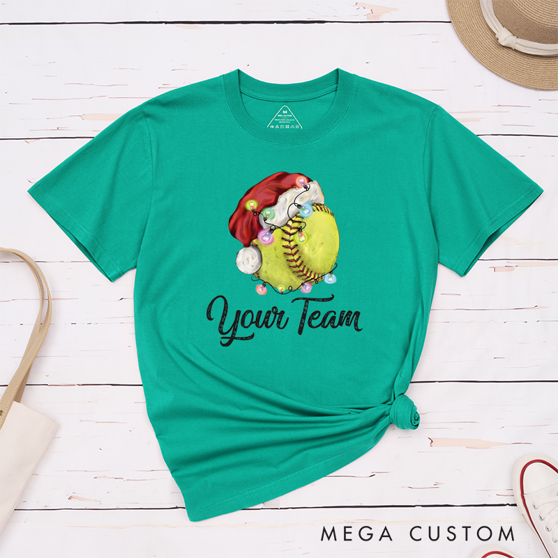 Personalized Softball Christmas T-Shirt with Festive Design and Custom Team Name