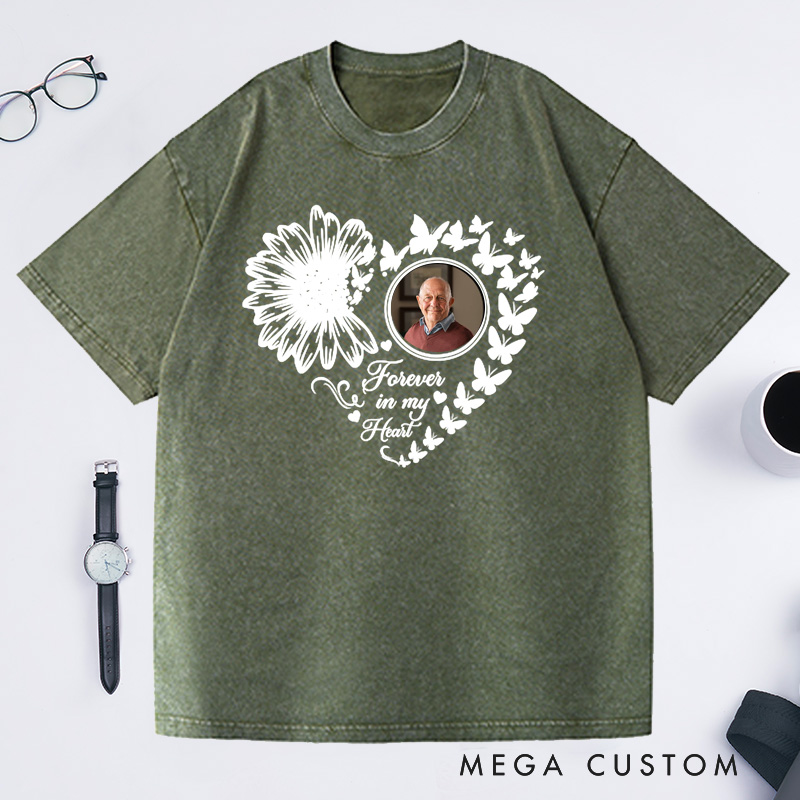 Personalized Photo Washed T-Shirt Forever in My Heart Memorial T-Shirt For Loss of Grandfather or Loved One Condolence Gift