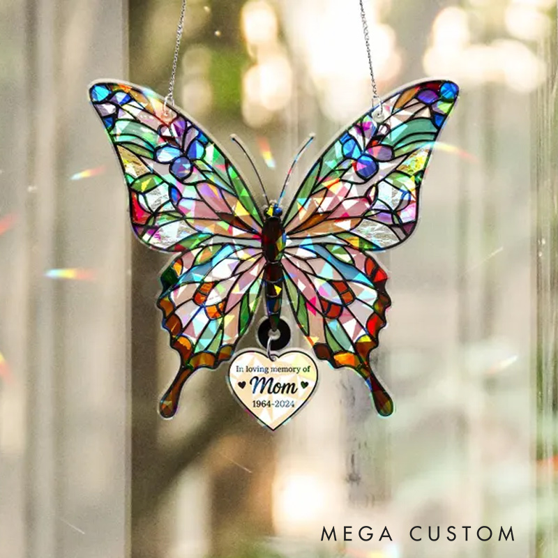 Personalized Butterfly Holographic Acrylic Suncatcher with Hanging Heart Memorial Gift for Loss of Mother in Loving Memory Window Decor