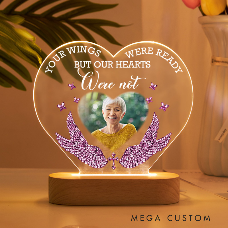 Personalized Heart Shaped LED Memorial Light With Pink Wings Cross Butterflies Custom Photo Your Wings Were Ready Keepsake