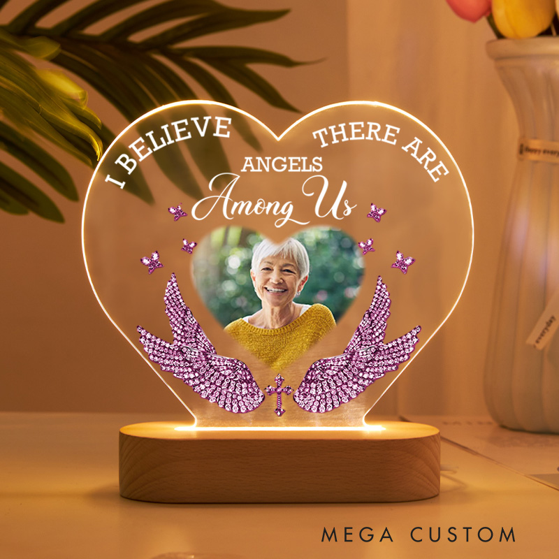 Personalized Heart Shaped LED Memorial Light With Pink Crystal Wings Cross Butterflies Custom Photo I Believe There Are Angels Among Us Keepsake