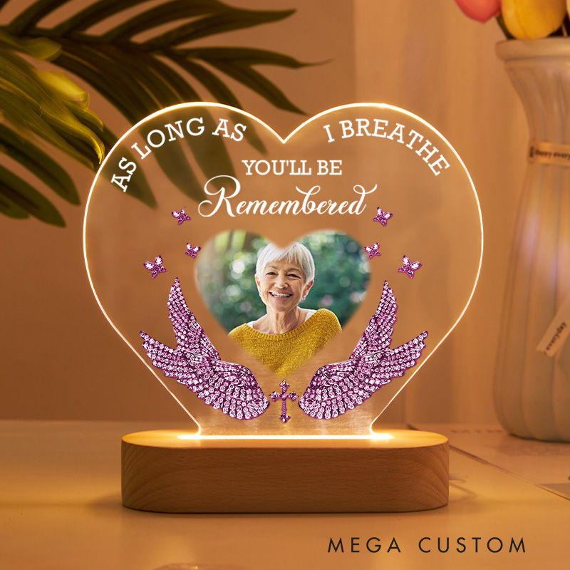 Personalized Heart Shaped LED Memorial Light Pink Wings Cross Butterflies Custom Photo Remembered Keepsake