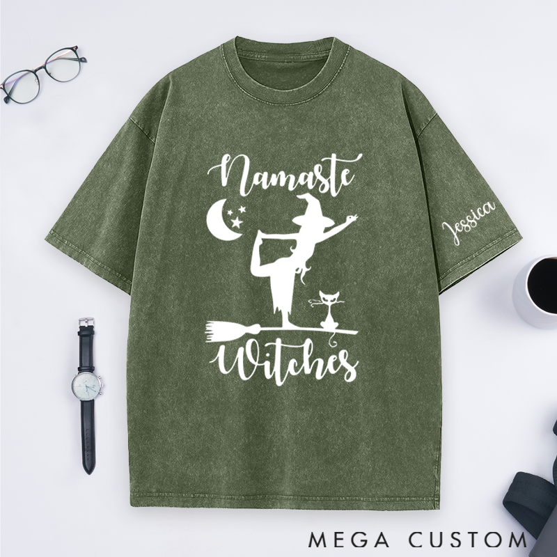 Personalized Namaste Witches Washed T-Shirt with Halloween Theme and Witch Yoga Design Perfect Gift for Yoga Lover and Halloween