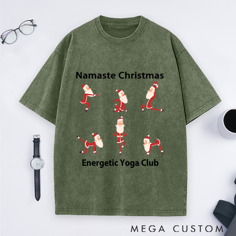 Personalized Yoga Santa Christmas Washed T-Shirt Family Holiday T-Shirt Perfect Gift for Yoga Lover and Christmas