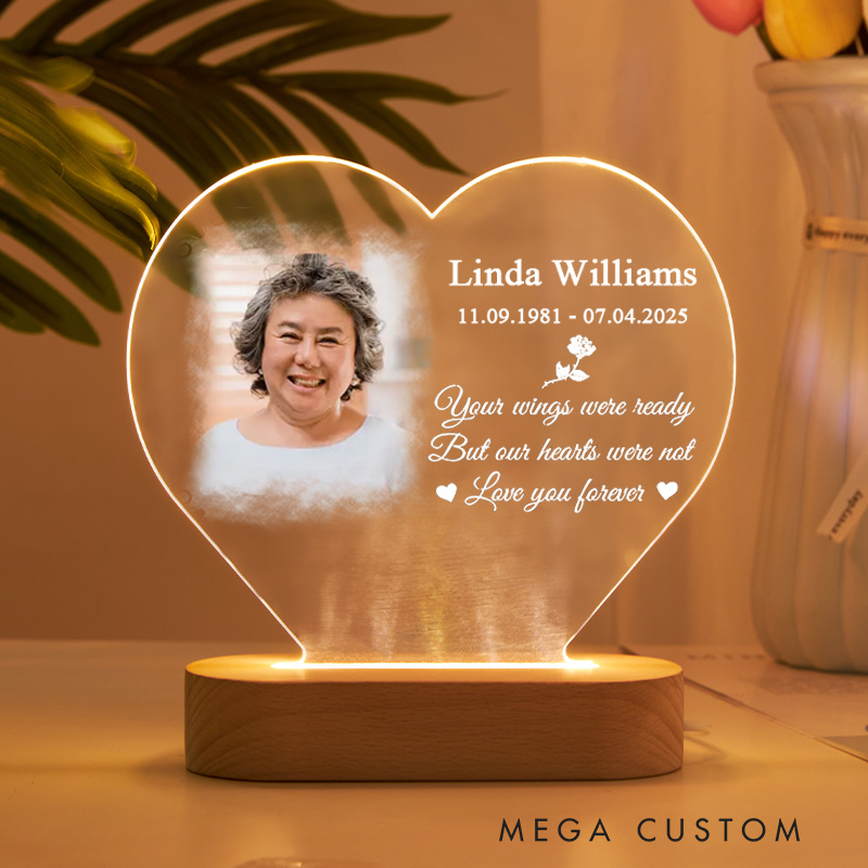 Personalized Heart Shaped LED Memorial Light Custom Photo Name Date Your Wings Were Ready Love You Forever Sympathy Gift