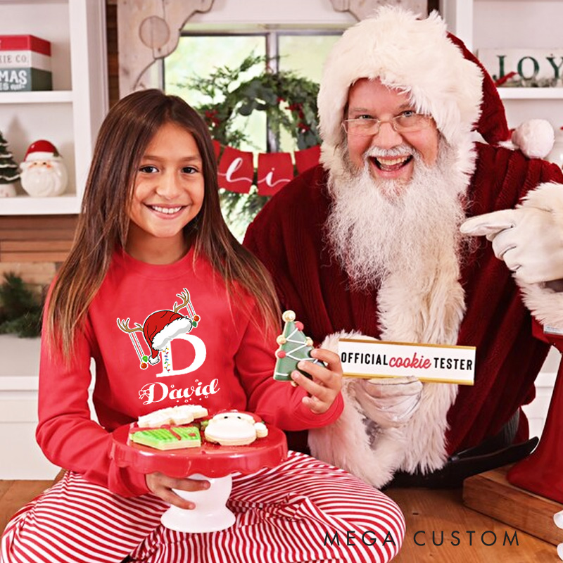 Personalized Reindeer Antler Santa Hat Initials Kids Christmas Pajamas 