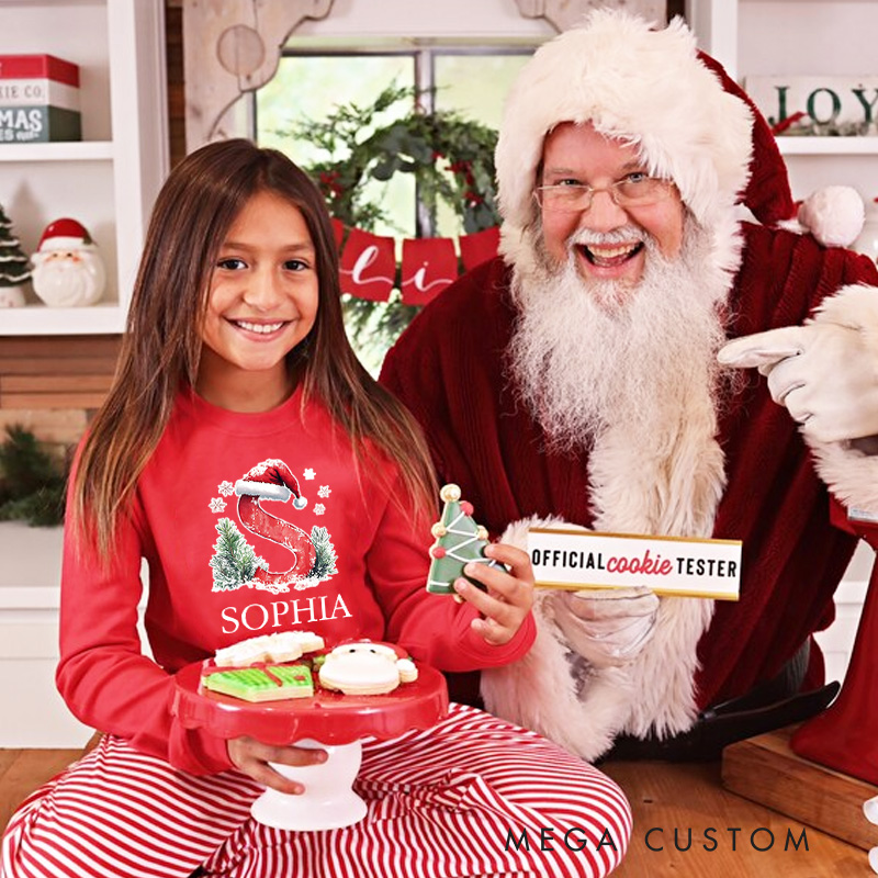 Personalized Initial Santa Hat Christmas Tree Holiday Cheer Christmas Pajamas 