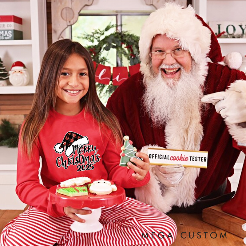 Personalized Merry Christmas with Buffalo Plaid Santa Hat Christmas Christmas Pajamas