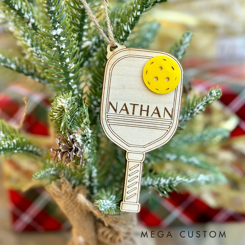 Personalized Pickleball Paddle Christmas Ornaments with Custom Names Engraved Wood Design