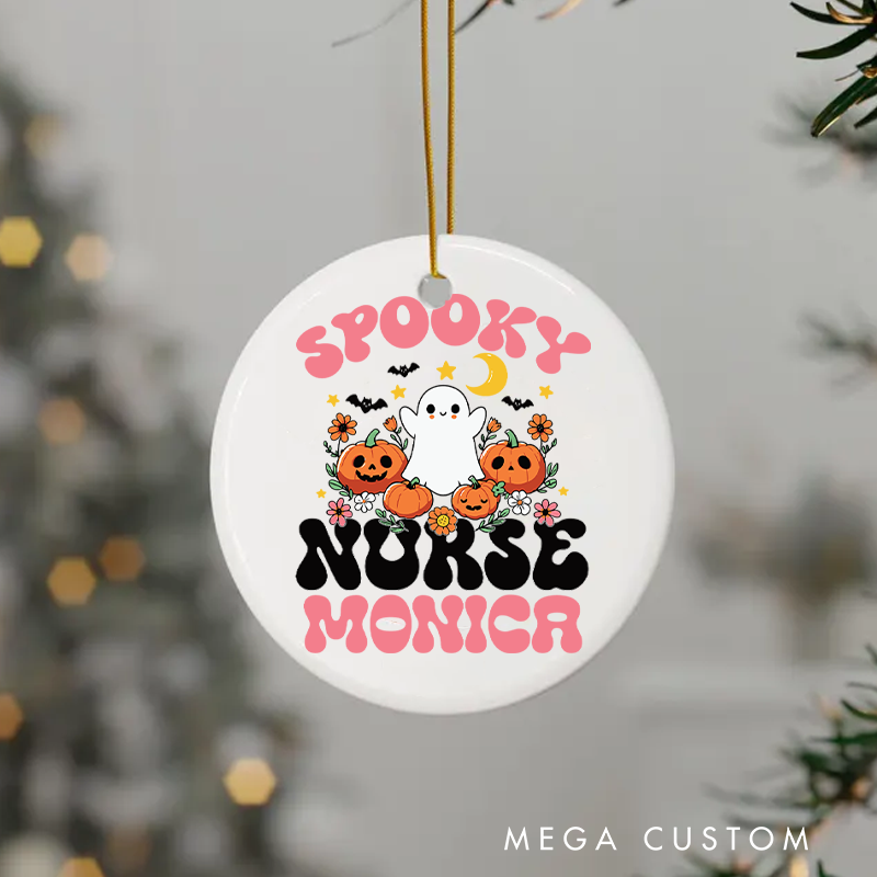 Personalized Nurse Halloween Ornament Spooky Nurse Ghost and Pumpkins Design Ornament 